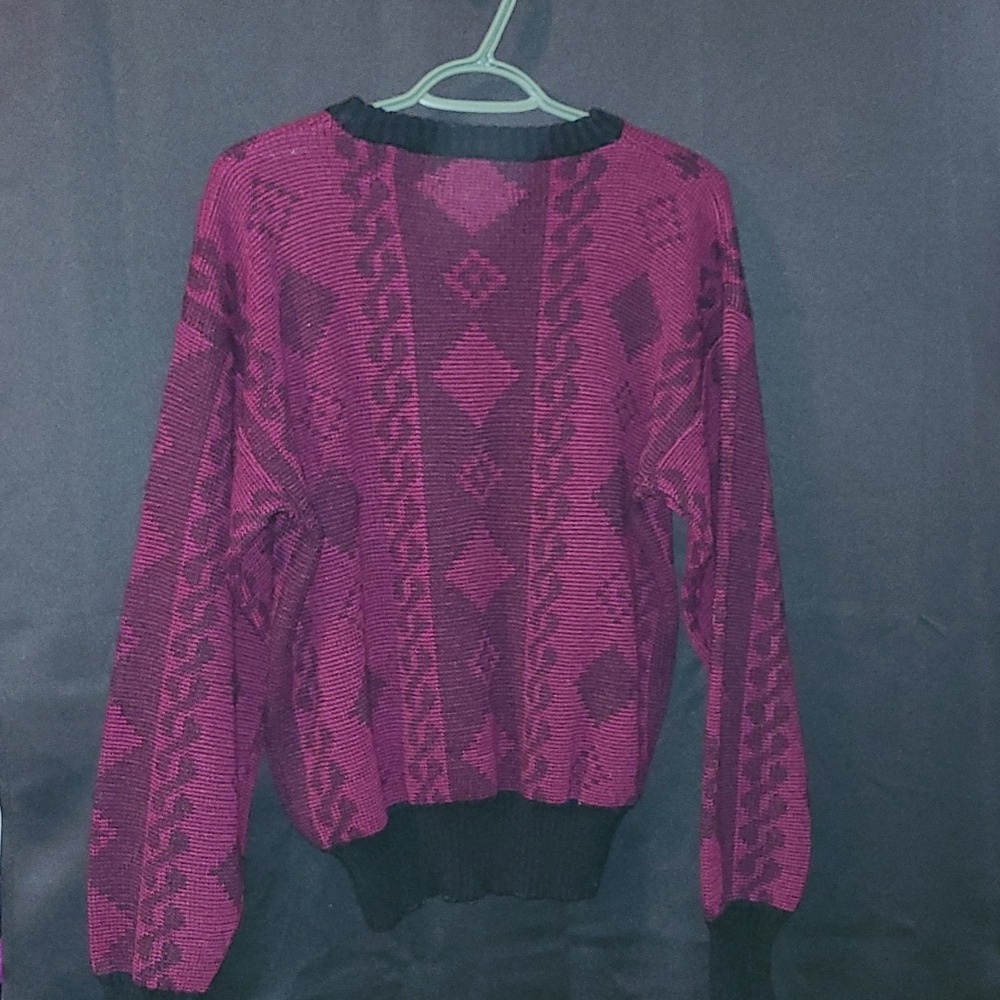 Vintage NORDIC Geometric Patterned Sweater - Black and Purple  Leather Accents - Picture 7 of 12